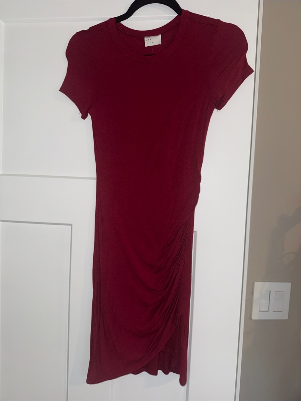 Short-Sleeve Ruched Mini Dress in Burgundy